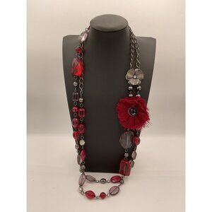 Long Red & Silver Beaded Necklace With Flower Accent